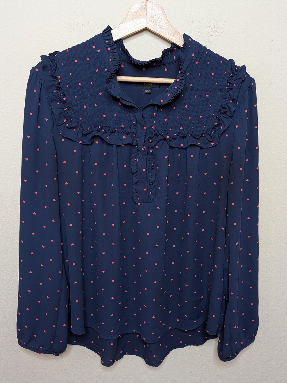 J. Crew Navy Heart Print Ruffle Blouse Size L Smocked Yoke Cottagecore Coquette